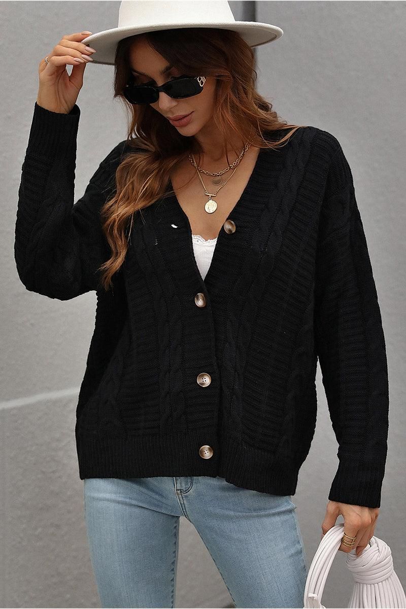 BUTTON DOWN CABLE KNIT CASUAL CARDIGAN - Doublju