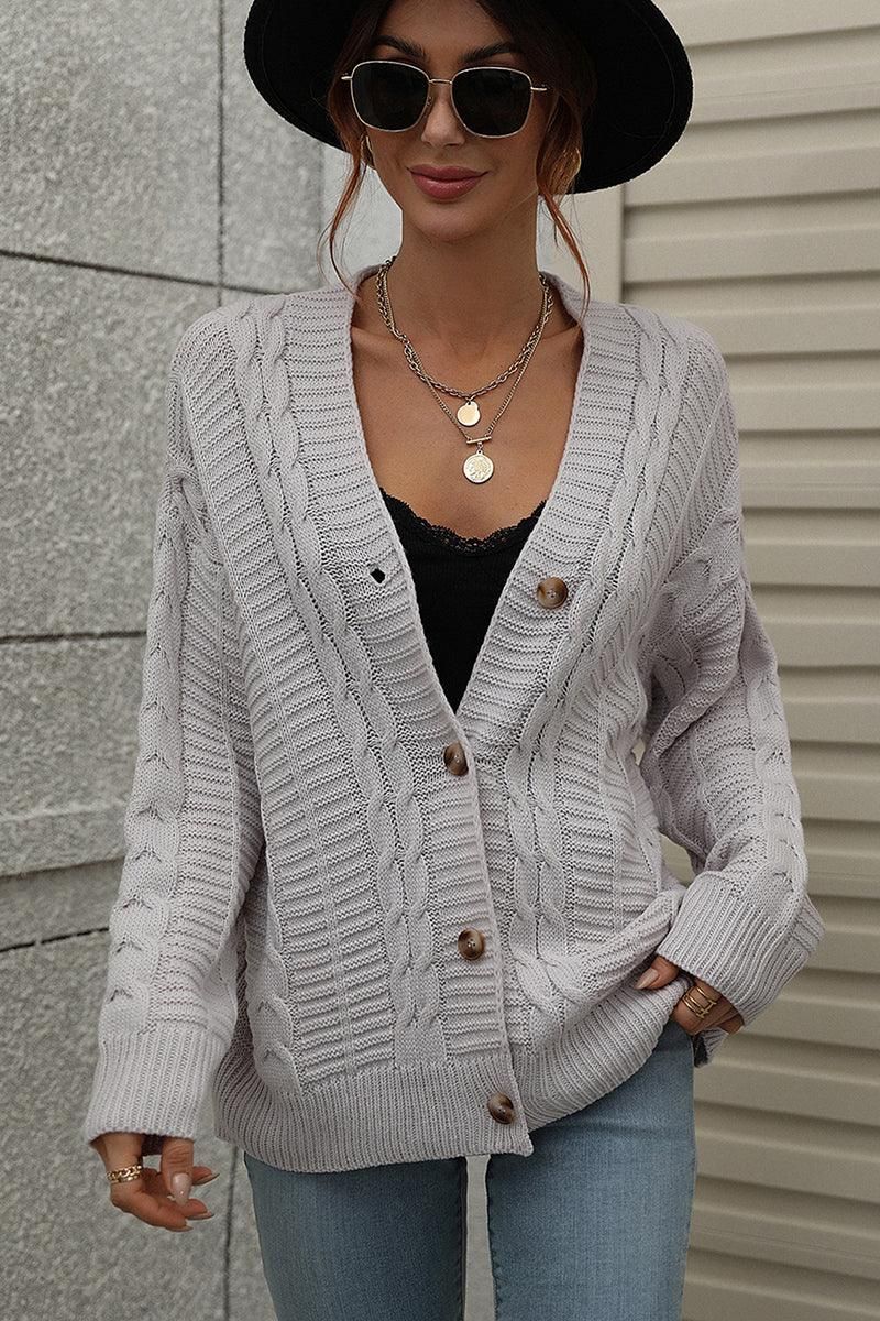 BUTTON DOWN CABLE KNIT CASUAL CARDIGAN - Doublju