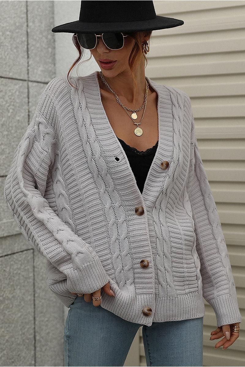 BUTTON DOWN CABLE KNIT CASUAL CARDIGAN - Doublju