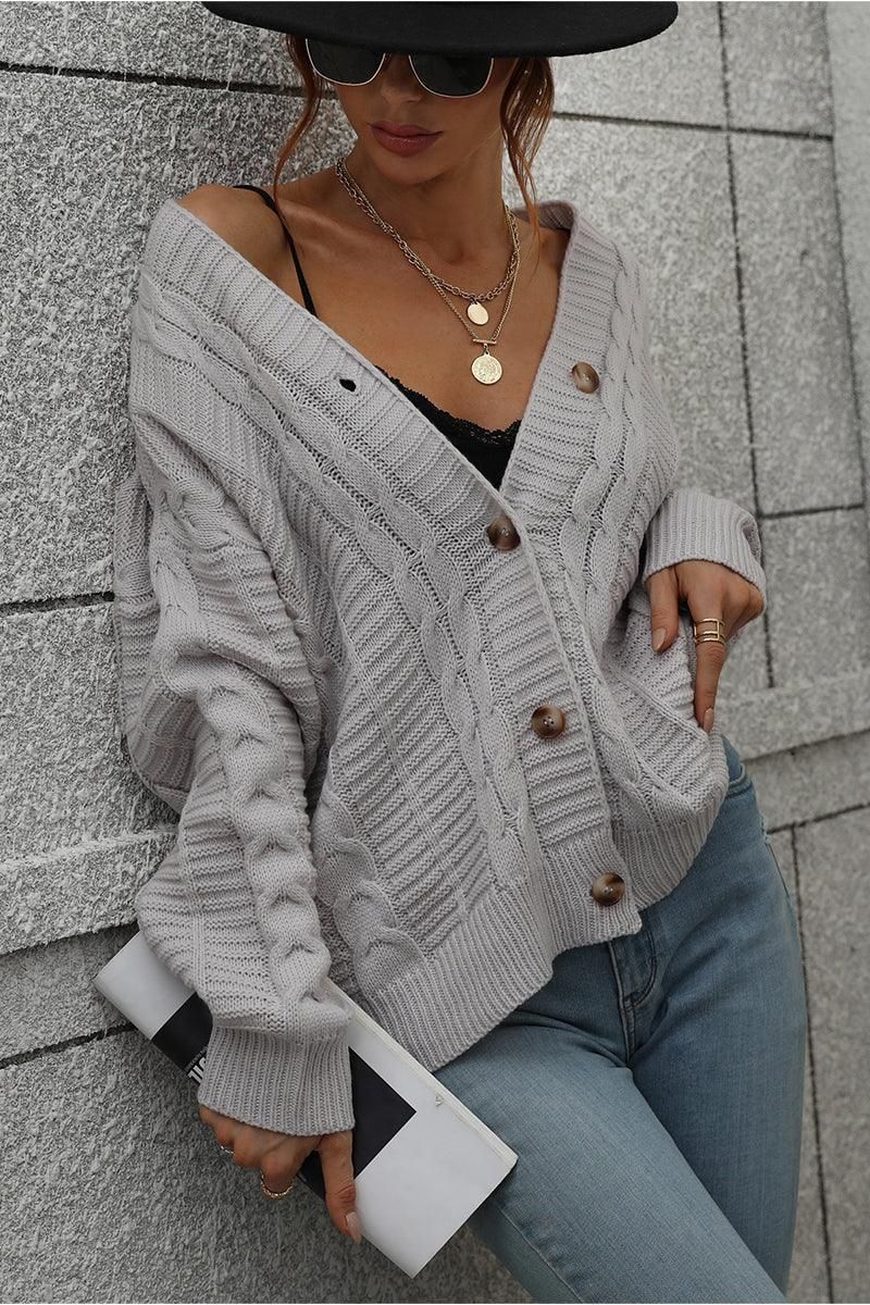 BUTTON DOWN CABLE KNIT CASUAL CARDIGAN - Doublju