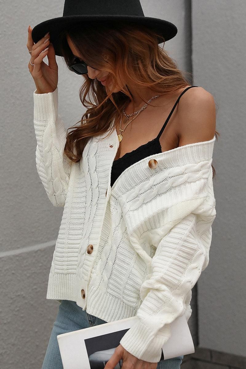 BUTTON DOWN CABLE KNIT CASUAL CARDIGAN - Doublju