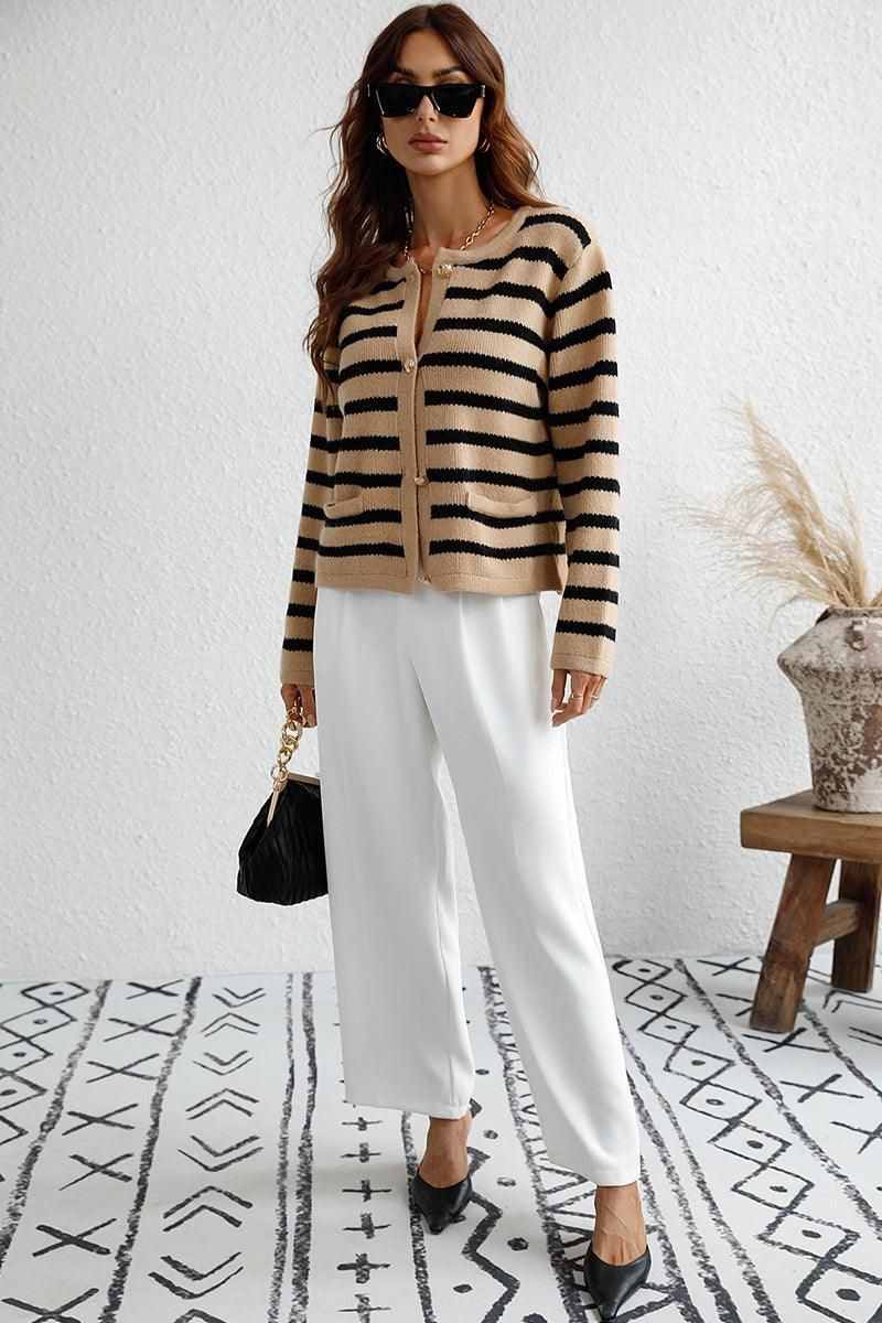 BUTTON DOWN COLOR STRIPE SHORT CARDIGAN - Doublju