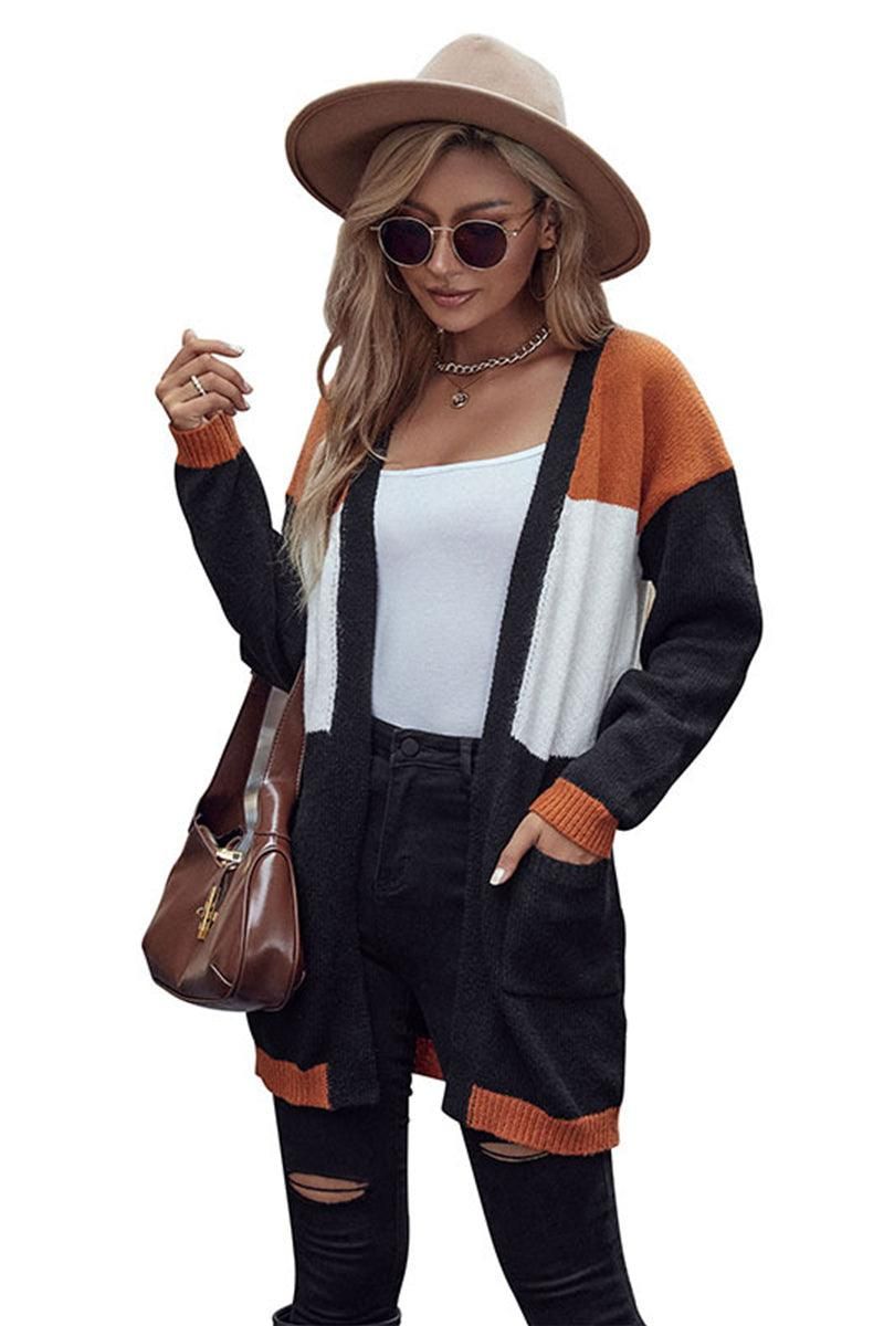 COLOR BLOCK OPEN FRONT CARDIGAN - Doublju