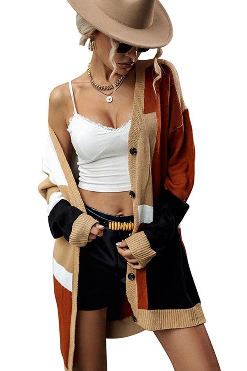 COLOR BLOCK BUTTON DOWN DANDY CARDIGAN - Doublju