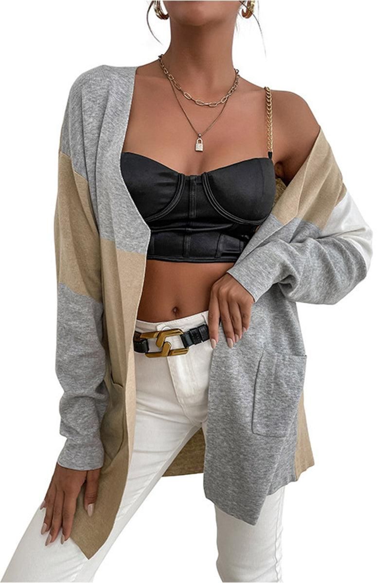 COLOR BLOCK OPEN FRONT CARDIGAN WITH POCKETS - Doublju