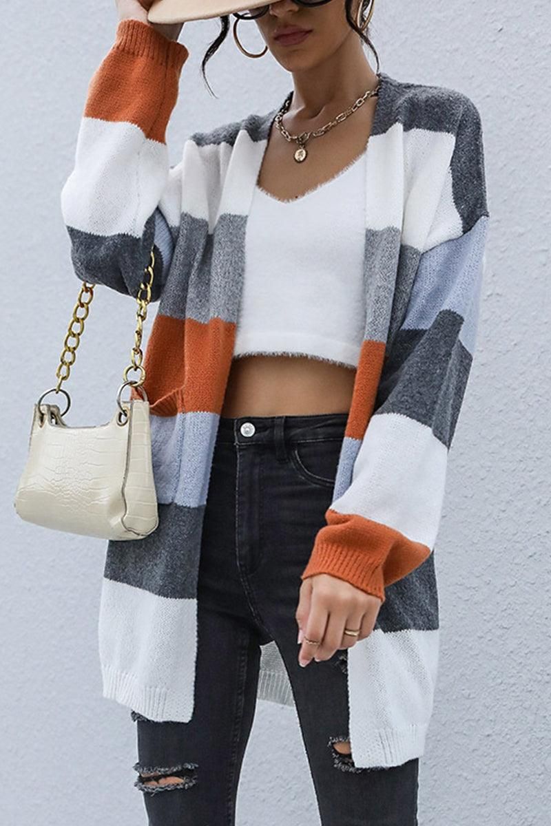 CASUAL COLOR BLOCK OPEN FRONT CARDIGAN - Doublju