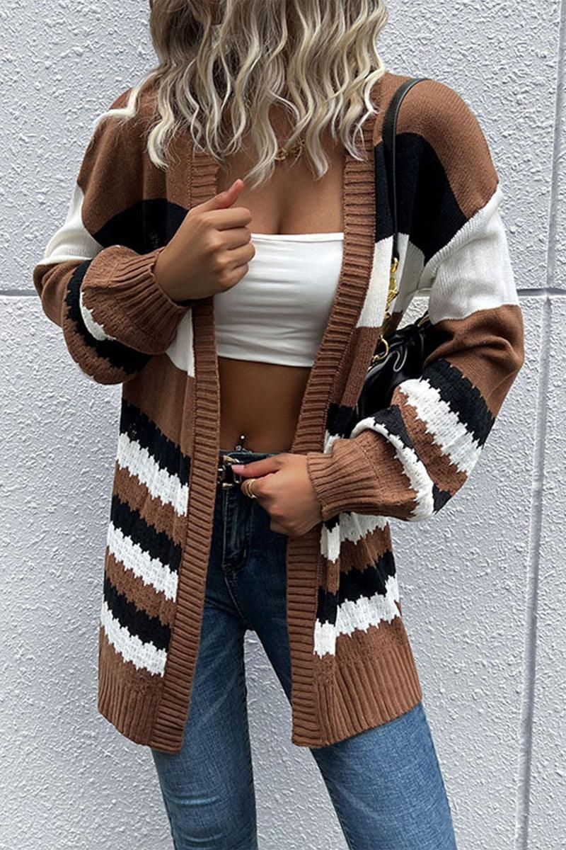 COLOR BLOCK OPEN FRONT CASUAL CARDIGAN - Doublju