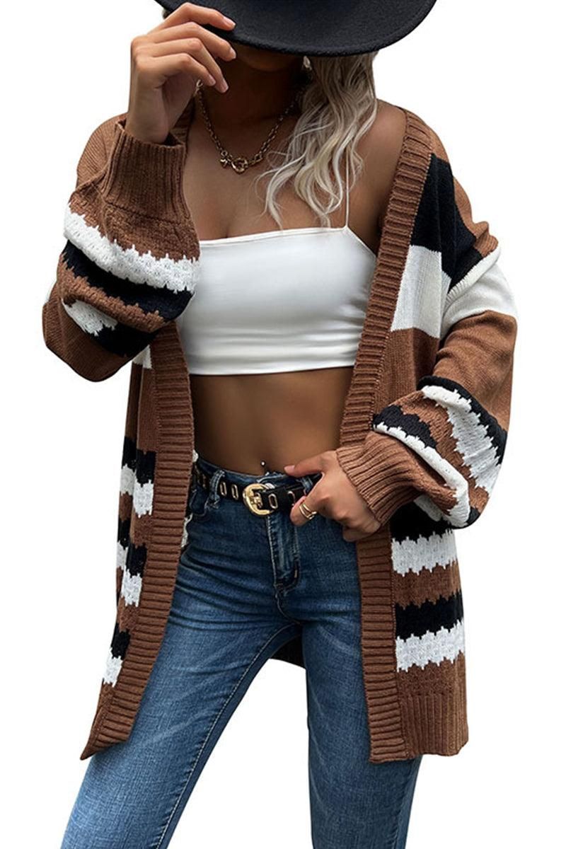 COLOR BLOCK OPEN FRONT CASUAL CARDIGAN - Doublju