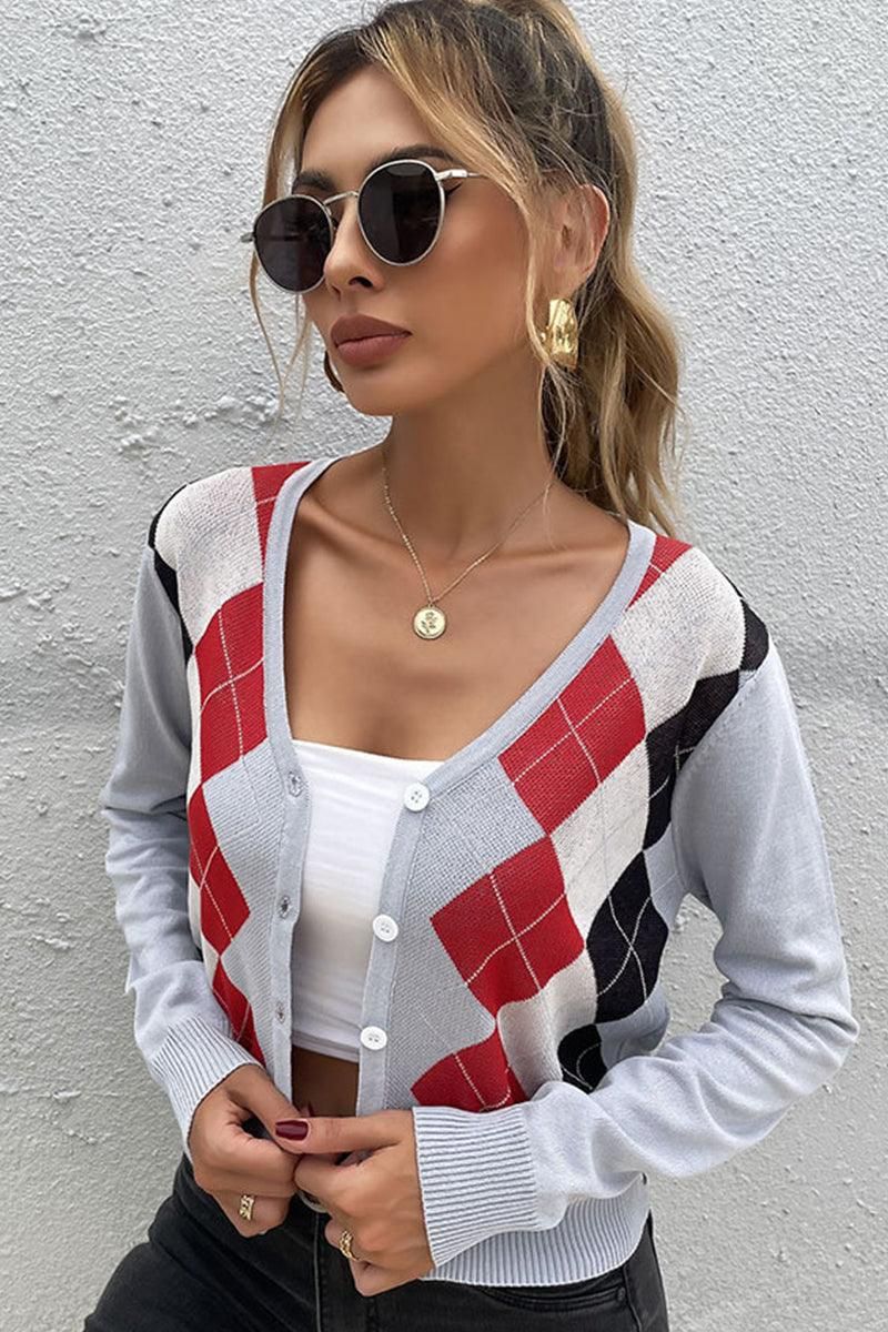 COLOR PATTERNED BUTTON DOWN COZY CARDIGAN - Doublju