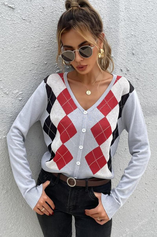 COLOR PATTERNED BUTTON DOWN COZY CARDIGAN - Doublju