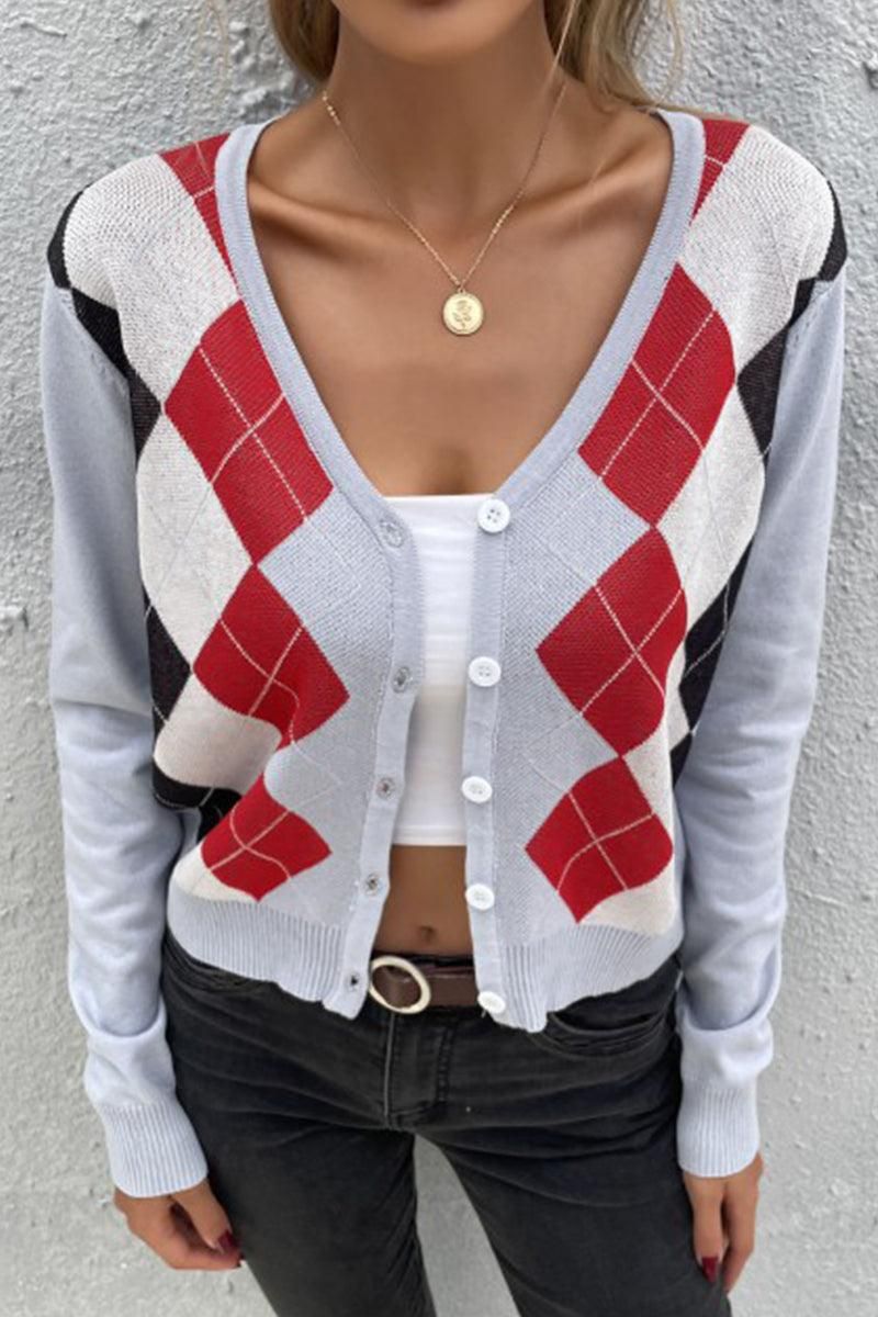 COLOR PATTERNED BUTTON DOWN COZY CARDIGAN - Doublju