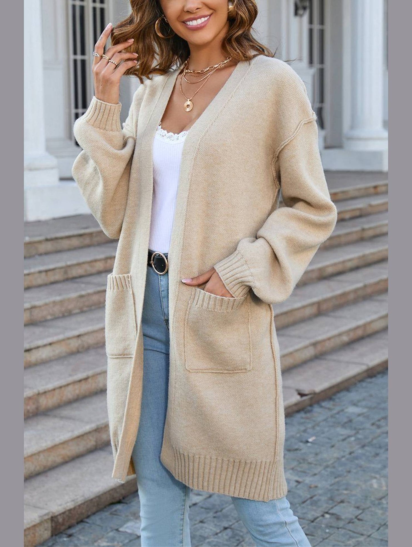 Women?™s Ribbed Open Front Cardigan with Pockets | Casual Knitwear