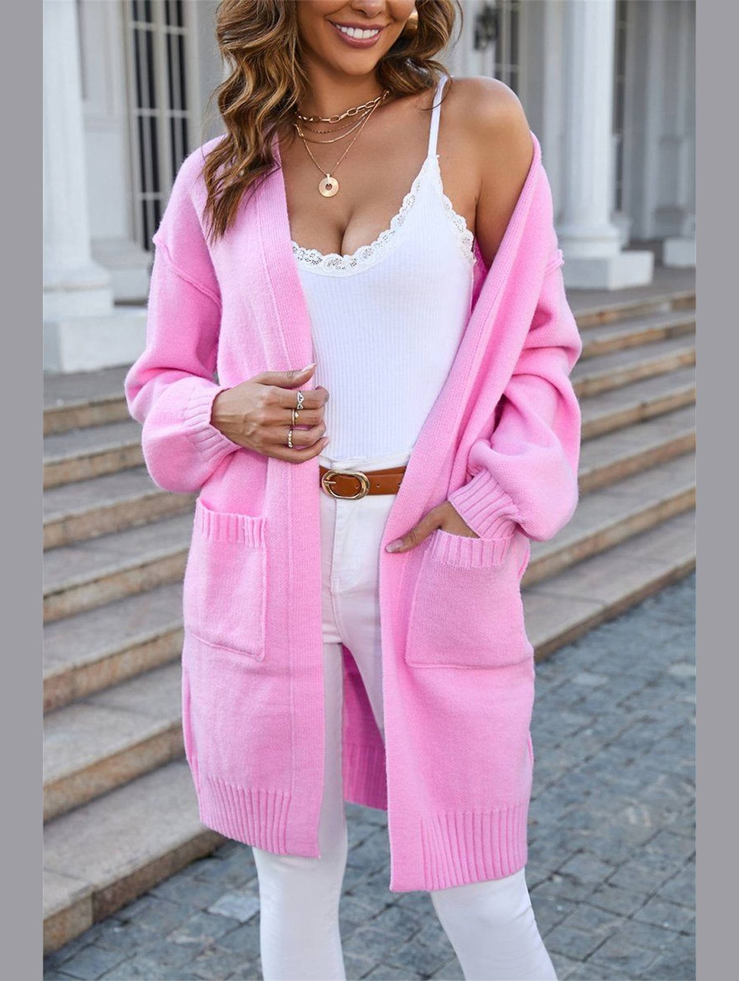 Women?™s Ribbed Open Front Cardigan with Pockets | Casual Knitwear