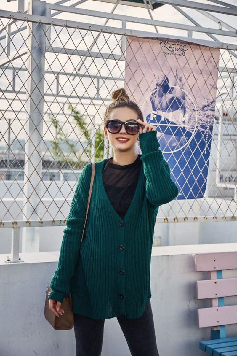 WOMEN BUTTON CLOSURE LONG SLEEVE KNIT CARDIGAN