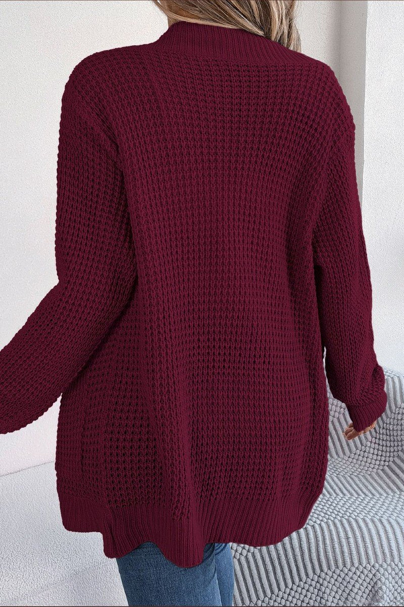 WOMEN CHUNKY WAFFLE KNIT OPEN FRONT CARDIGAN
