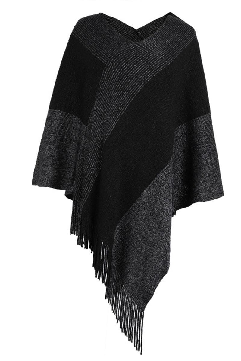 CONTRAST COLOR CLOAK SHAWL SWEATER COAT - Doublju