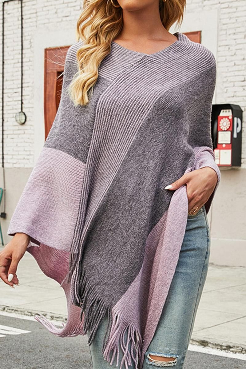 CONTRAST COLOR CLOAK SHAWL SWEATER COAT - Doublju