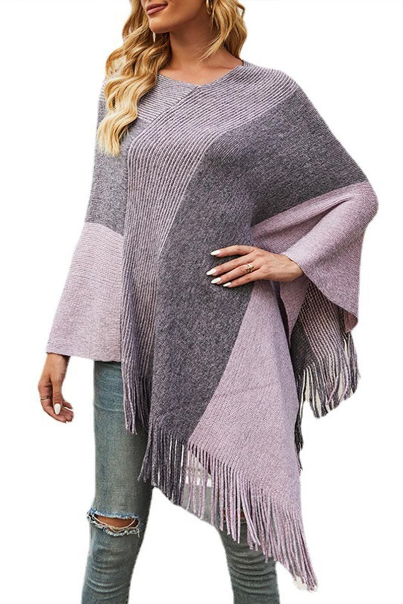 CONTRAST COLOR CLOAK SHAWL SWEATER COAT - Doublju