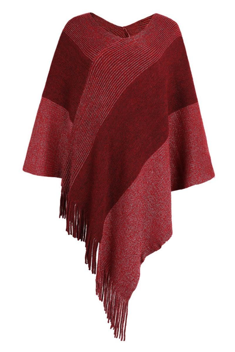 CONTRAST COLOR CLOAK SHAWL SWEATER COAT - Doublju