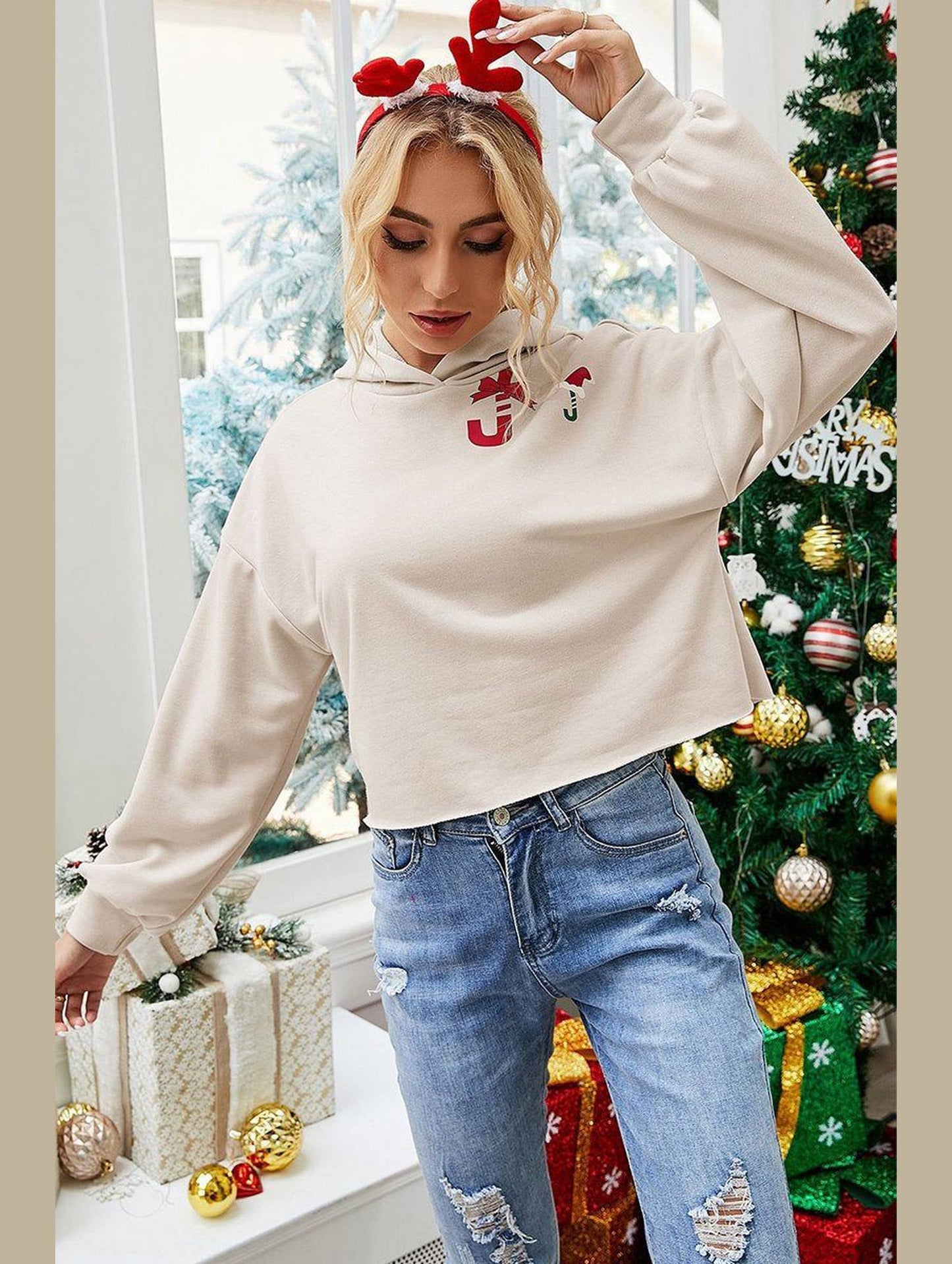 WOMEN CUTE PRINTING HOODED SHORT PULLOVER