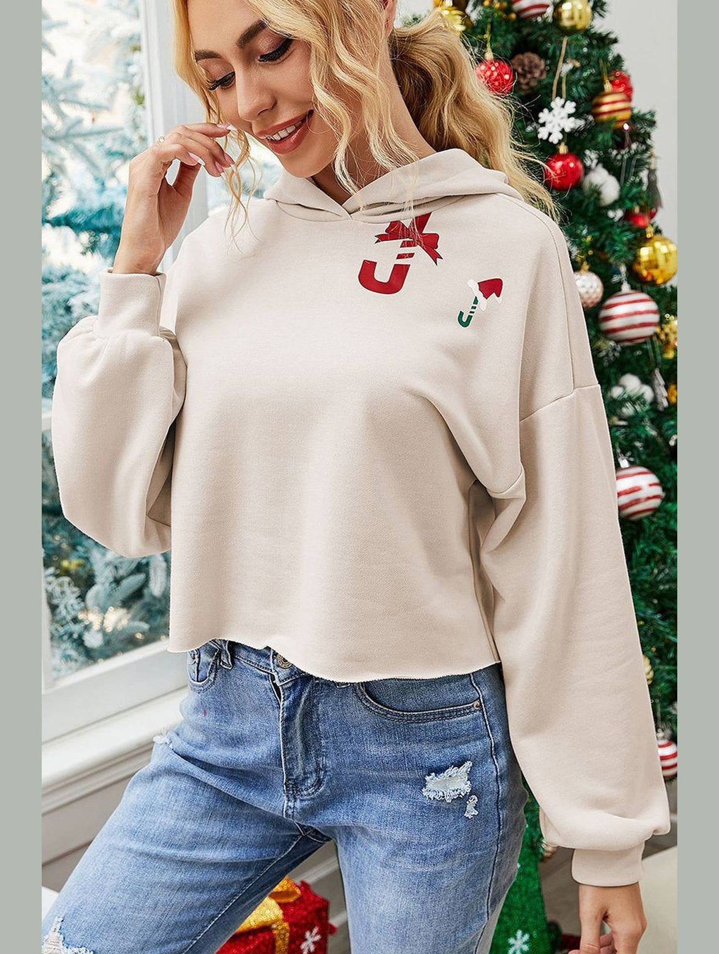 WOMEN CUTE PRINTING HOODED SHORT PULLOVER