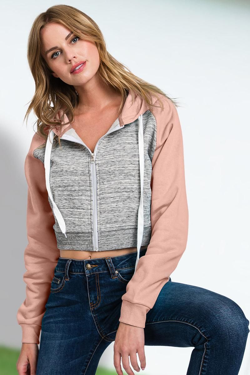 CONTRAST RAGLAN SLEEVE CROP ZIP UP HOODIE - Doublju