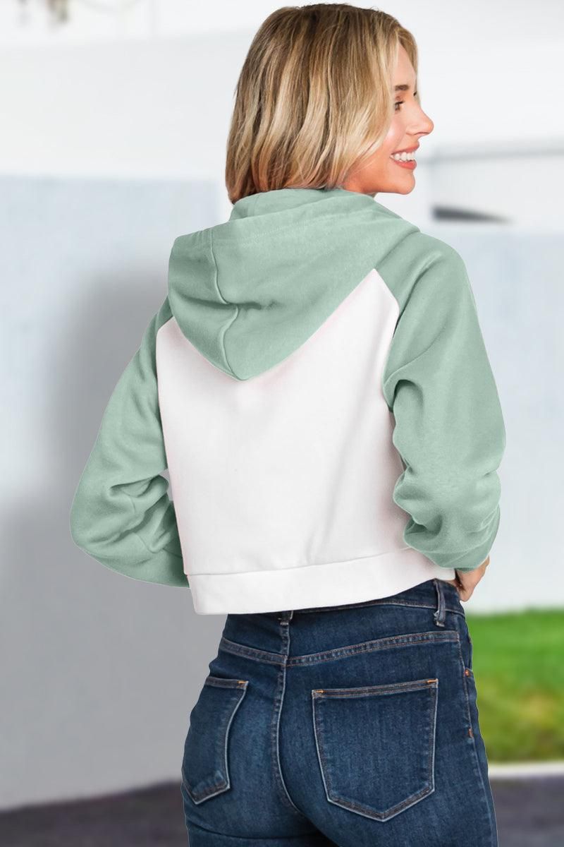 CONTRAST RAGLAN SLEEVE CROP ZIP UP HOODIE - Doublju