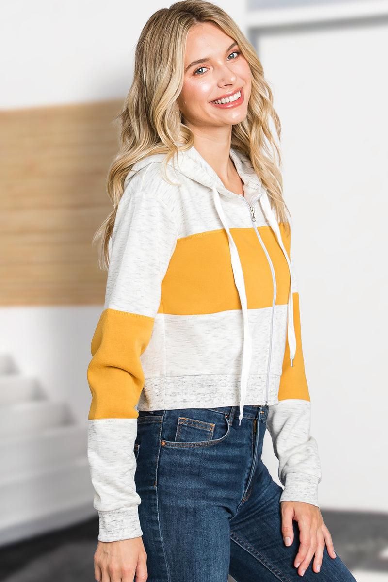 COLOR BLOCK LONG SLEEVE COZY CROP ZIP UP HOODIE - Doublju