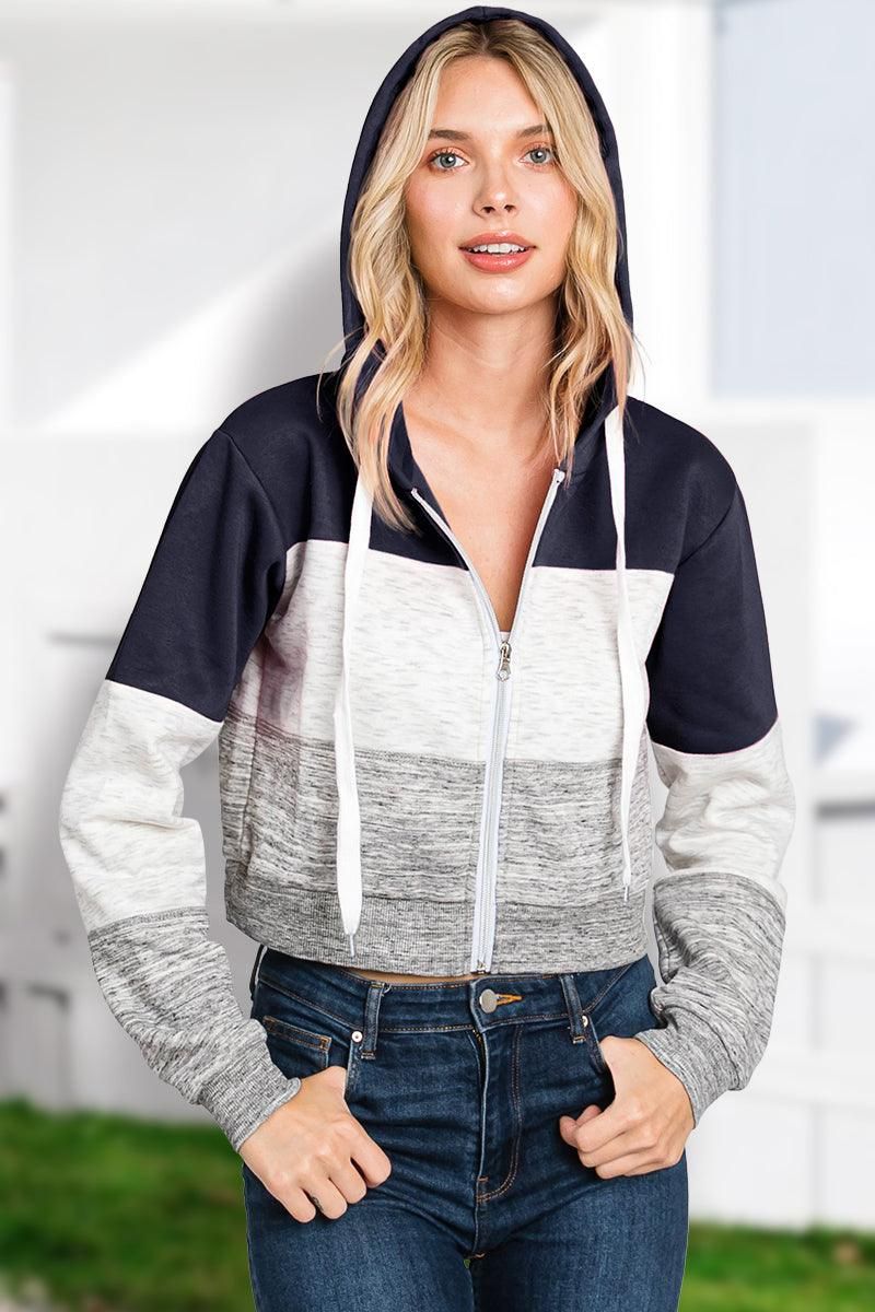 COLOR BLOCK LONG SLEEVE COZY CROP ZIP UP HOODIE - Doublju