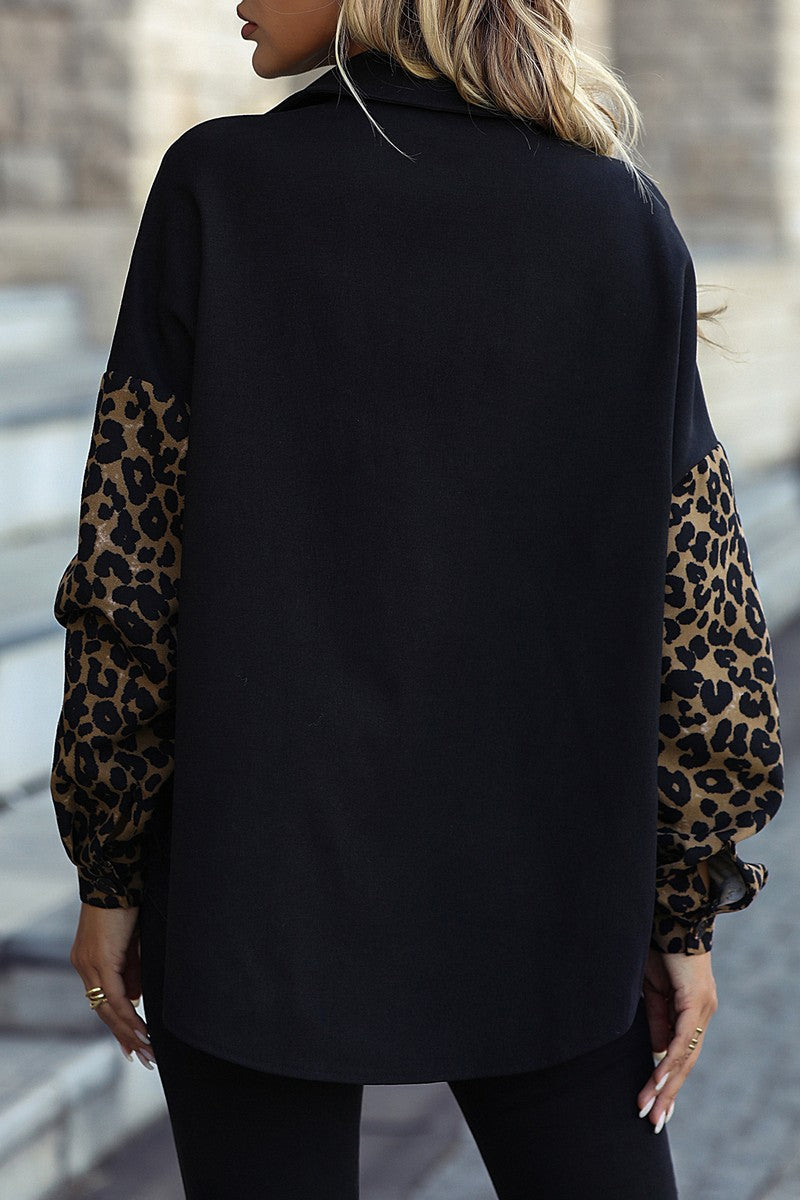 WOMEN LEOPARD PATTERN BLOCKED CASUAL JACKET SHIRT