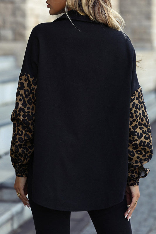 WOMEN LEOPARD PATTERN BLOCKED CASUAL JACKET SHIRT