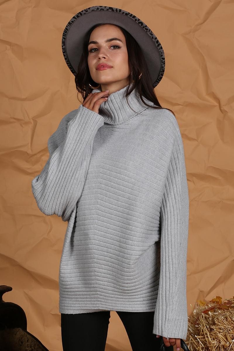 CORDUROY TURTLE NECK LOOSE SLEEVE PULLOVER - Doublju
