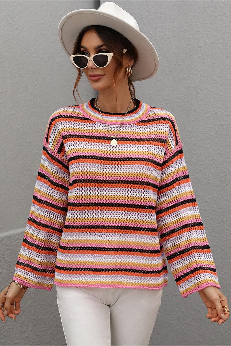 COLOR STRIPE KNIT PULL OVER SWEATER TOP - Doublju
