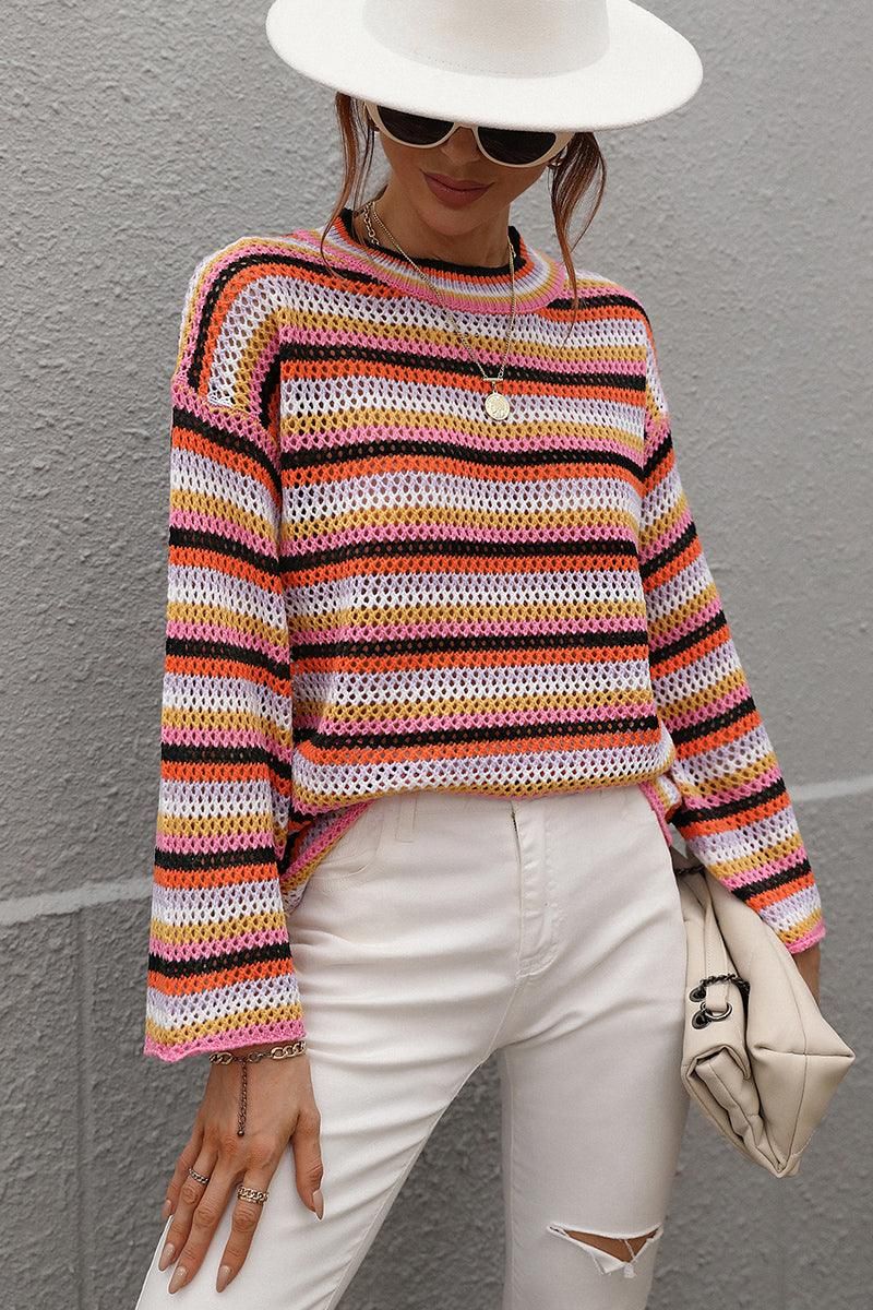 COLOR STRIPE KNIT PULL OVER SWEATER TOP - Doublju