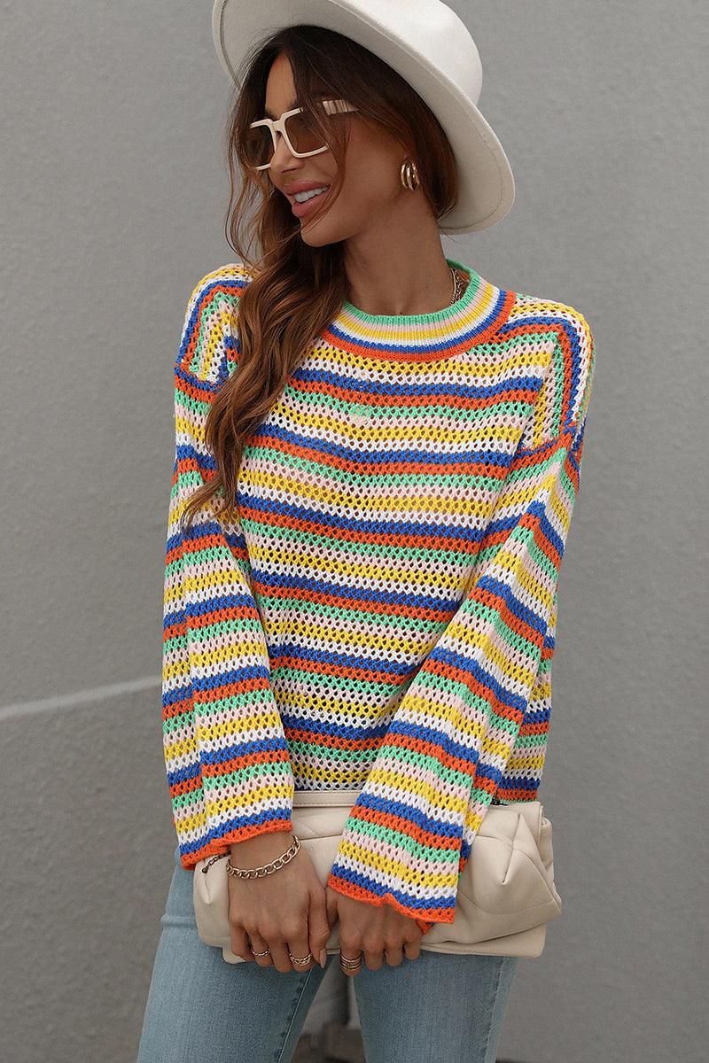 COLOR STRIPE KNIT PULL OVER SWEATER TOP - Doublju