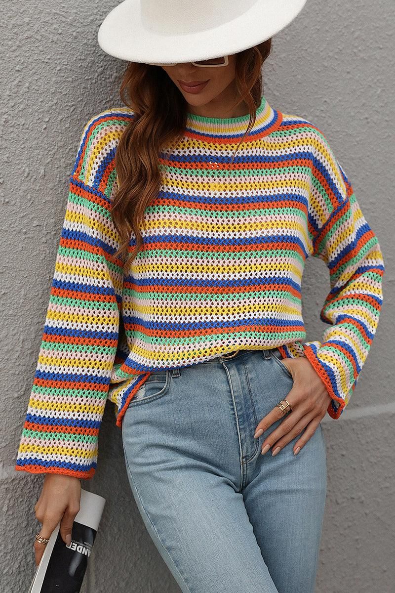 COLOR STRIPE KNIT PULL OVER SWEATER TOP - Doublju