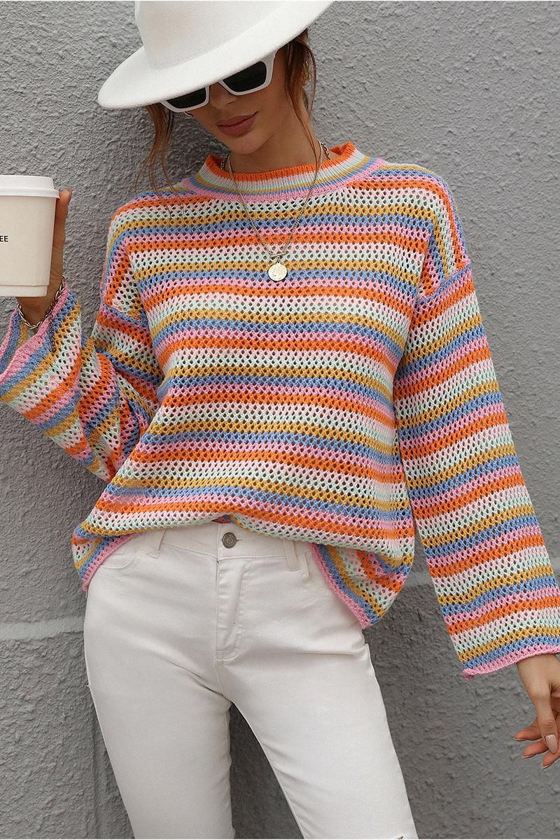 COLOR STRIPE KNIT PULL OVER SWEATER TOP - Doublju