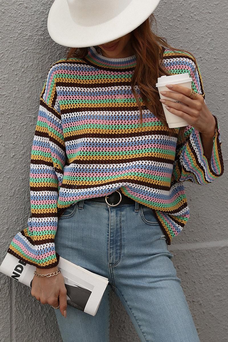 COLOR STRIPE KNIT PULL OVER SWEATER TOP - Doublju
