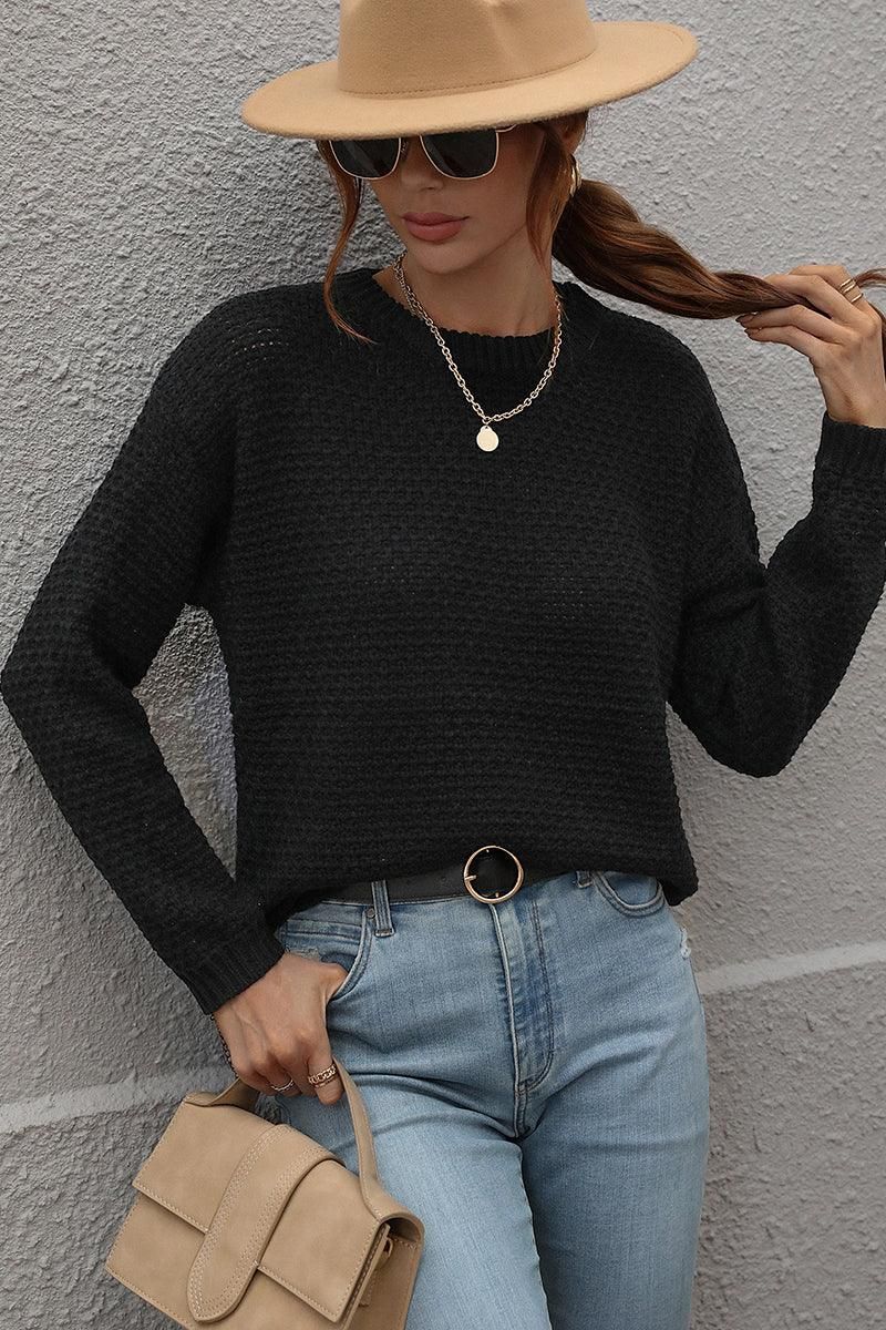 CREW NECK LONG SLEEVE BASIC SWEATER TOP - Doublju