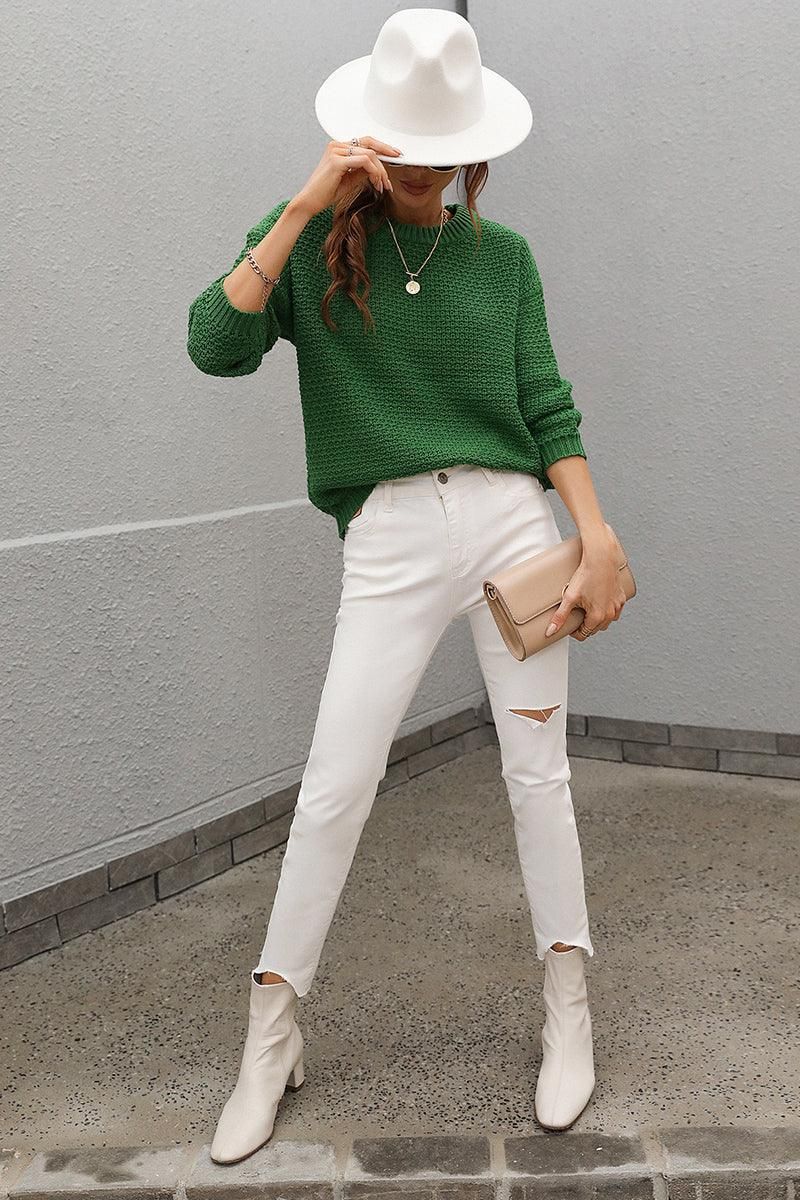 CREW NECK LONG SLEEVE BASIC SWEATER TOP - Doublju