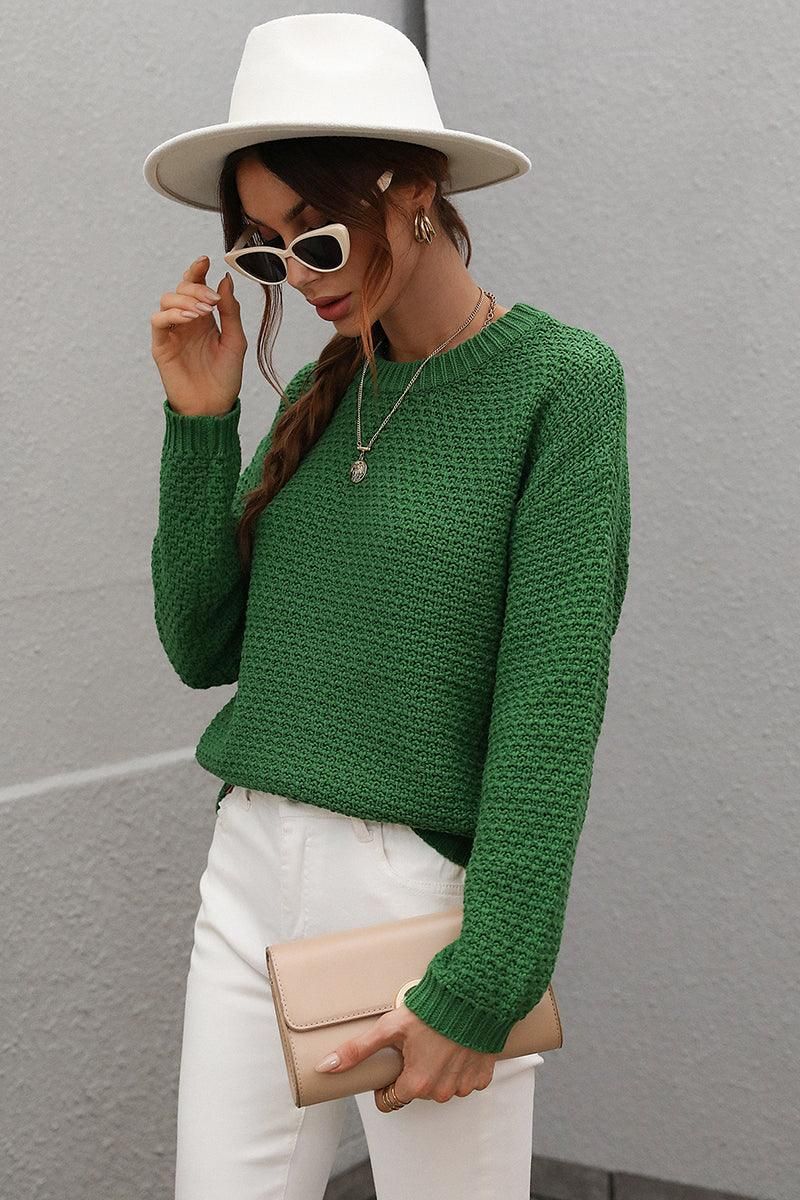 CREW NECK LONG SLEEVE BASIC SWEATER TOP - Doublju