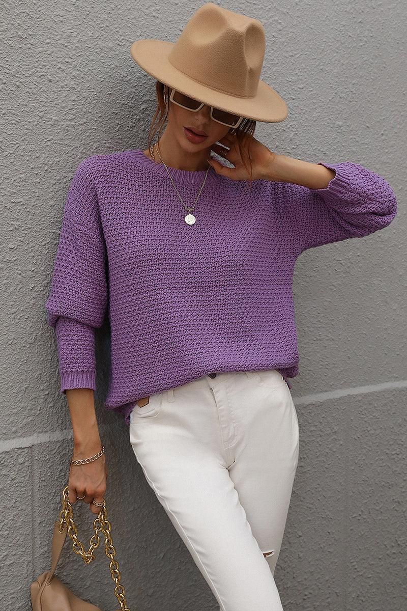 CREW NECK LONG SLEEVE BASIC SWEATER TOP - Doublju