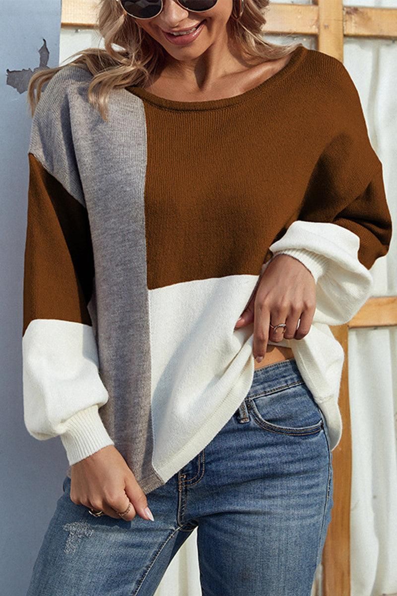 COLOR BLOCK TIED BACK SWEATER TOP - Doublju