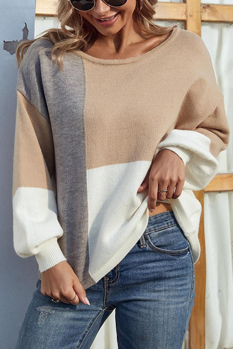 COLOR BLOCK TIED BACK SWEATER TOP - Doublju