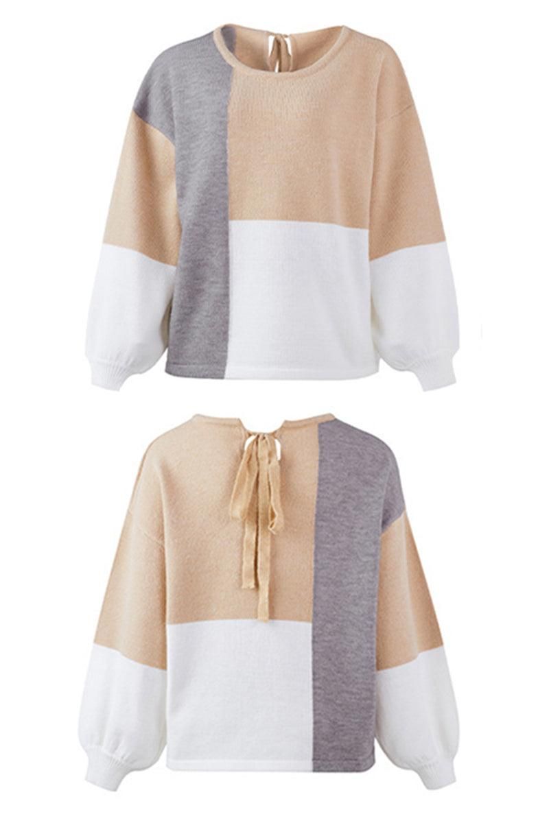 COLOR BLOCK TIED BACK SWEATER TOP - Doublju