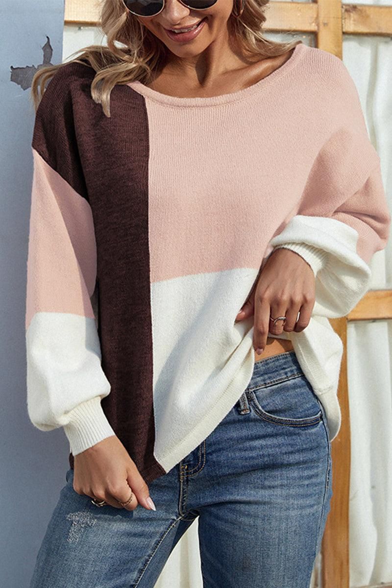 COLOR BLOCK TIED BACK SWEATER TOP - Doublju