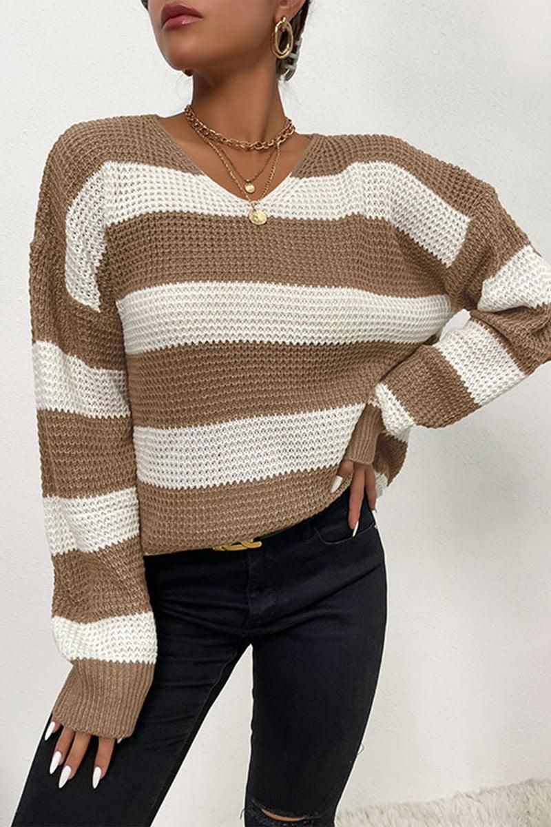 CASUAL STRIPE WAFFLE KNIT SWEATER - Doublju