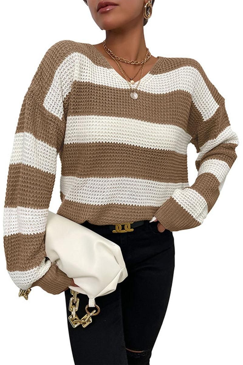 CASUAL STRIPE WAFFLE KNIT SWEATER - Doublju