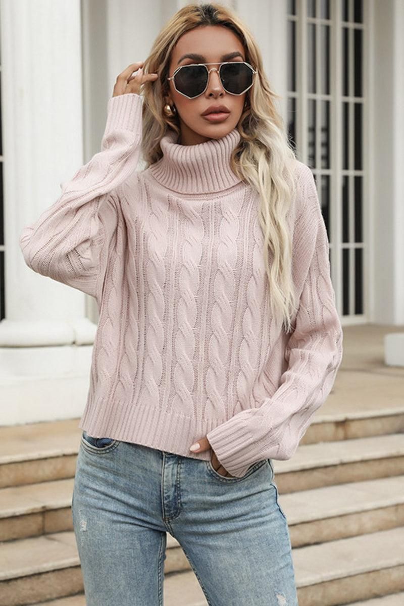 CABLE KNITTED TURTLE NECK SWEATER TOP - Doublju