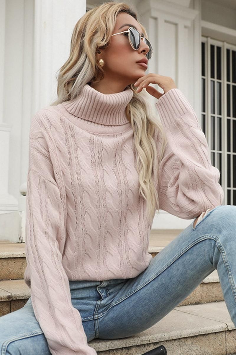 CABLE KNITTED TURTLE NECK SWEATER TOP - Doublju